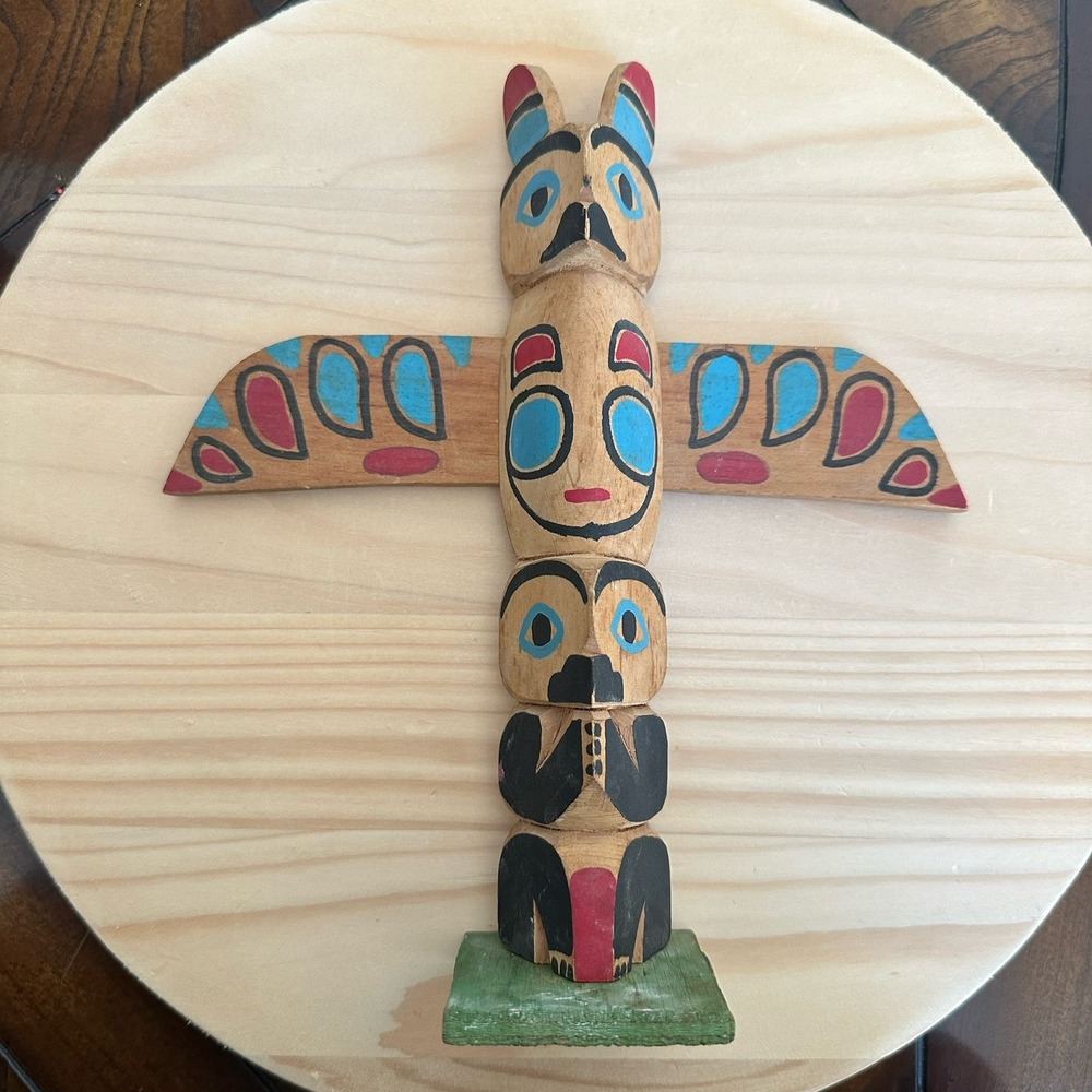 Vintage Mid Century Wooden Totem Pole Souvenir 8.1 Inch Hand Carved Painted NWC